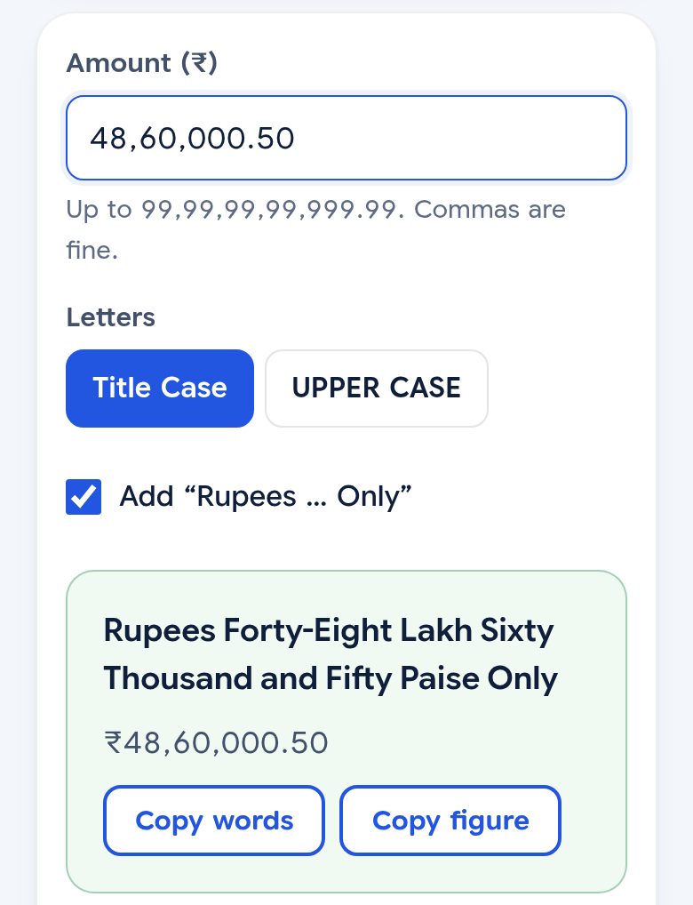 The Amount in words tool on a phone: 48,60,000.50 typed in, and the result Rupees Forty-Eight Lakh Sixty Thousand and Fifty Paise Only, with Copy words and Copy figure buttons