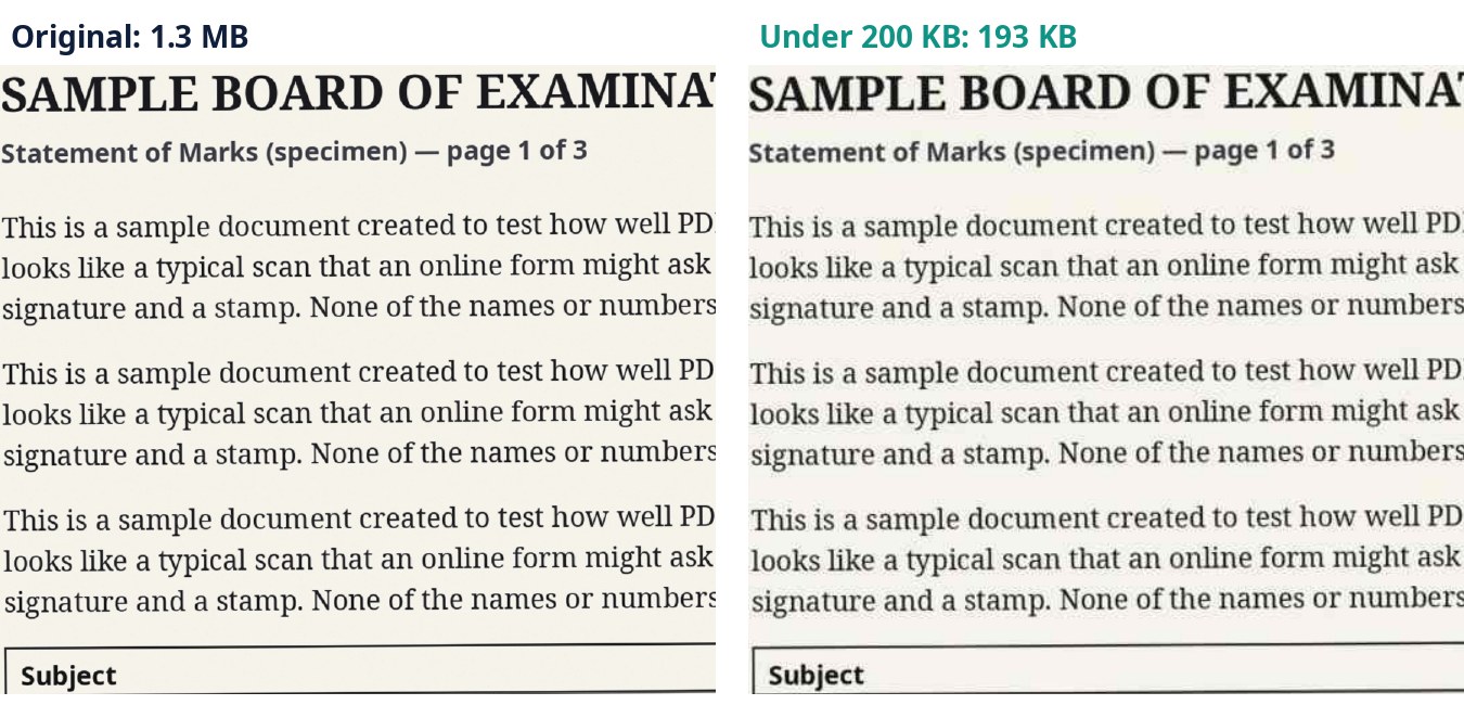 Side-by-side close-up of the original page and the 192 KB copy. The text in both is easy to read; the compressed one is a little softer.