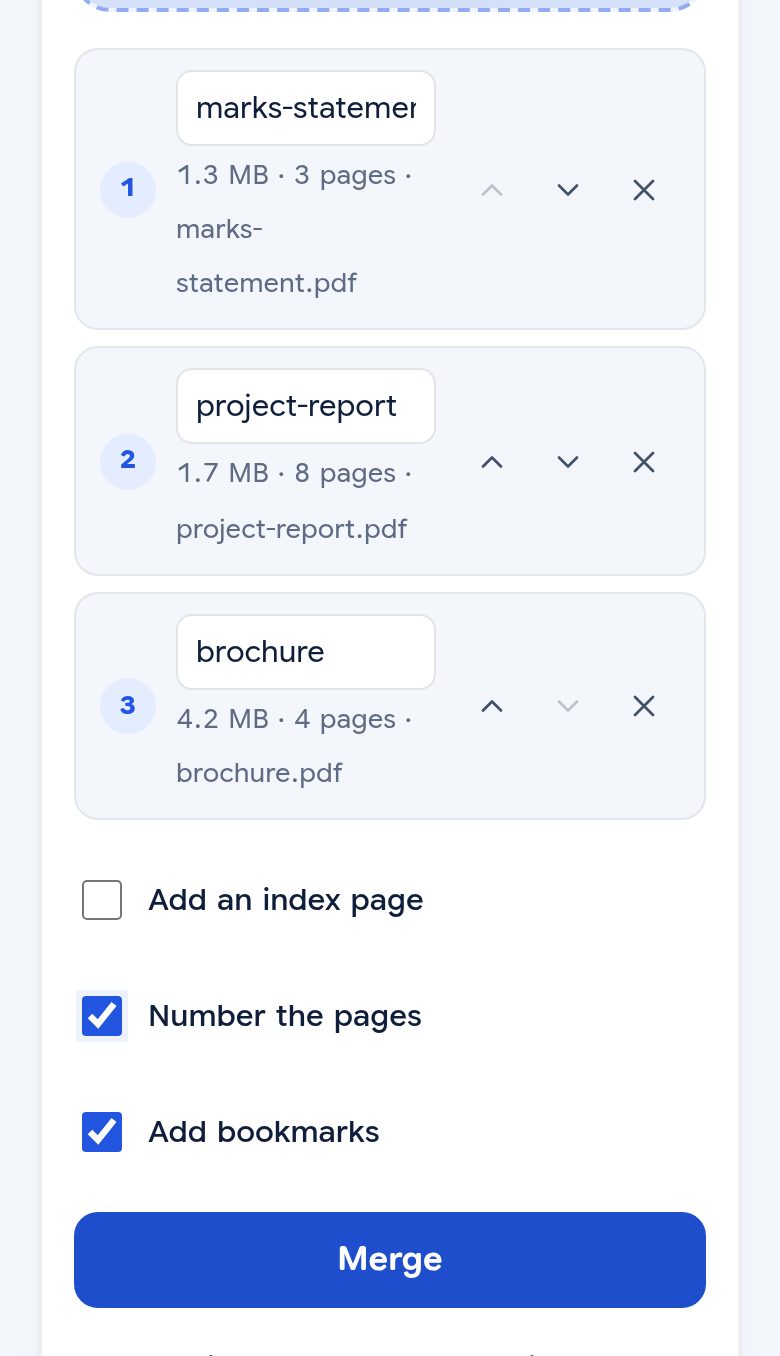Three PDFs listed on a phone, numbered 1 to 3, each with up and down arrows and a remove button, and options for an index page, page numbers and bookmarks