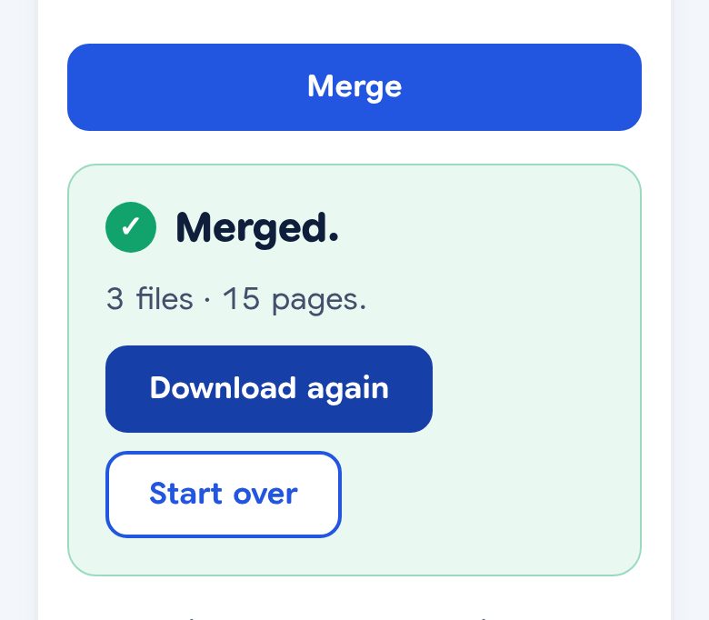 The result on a phone: Merged, 3 files, 15 pages, with Download again and Start over buttons