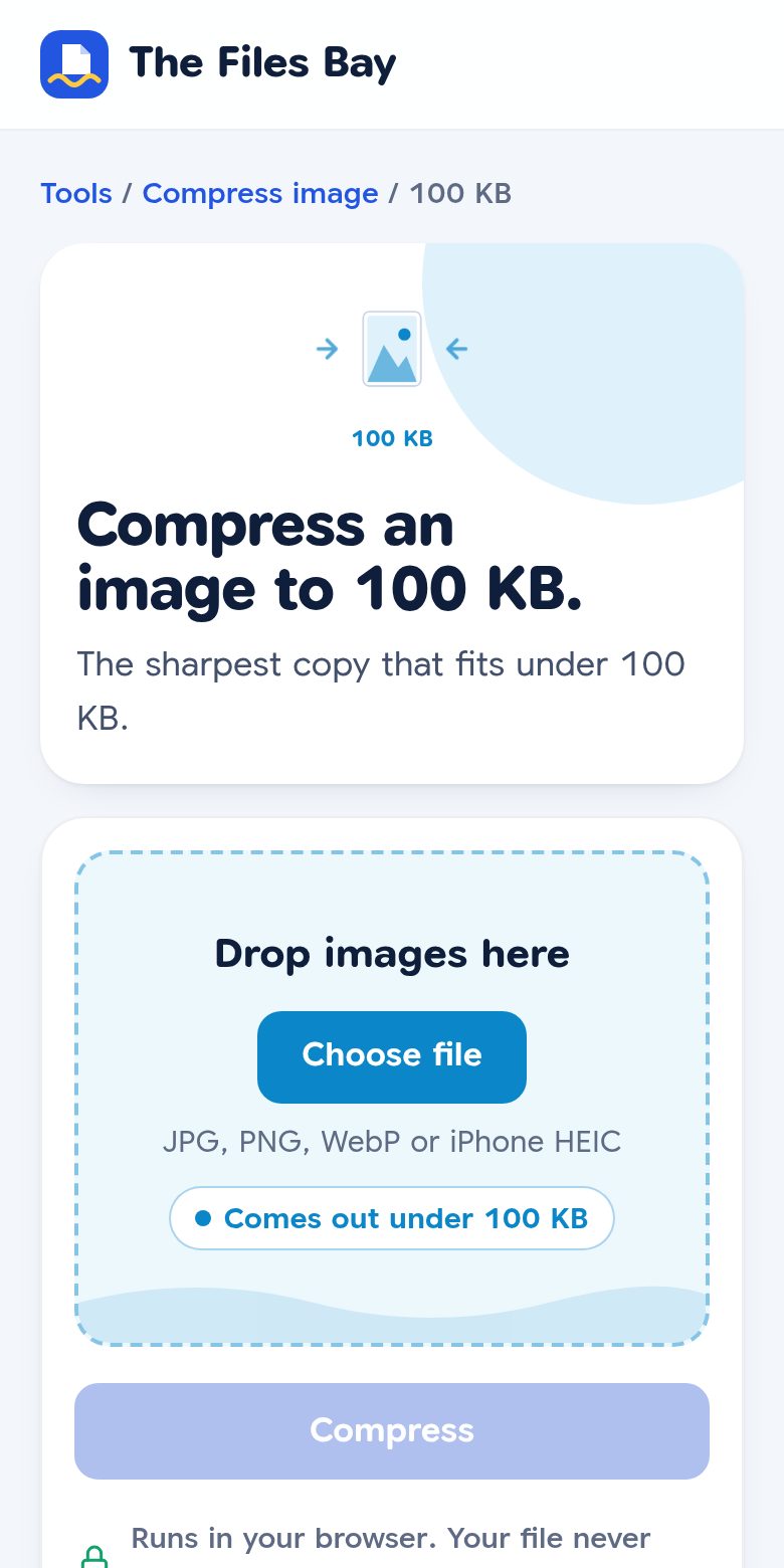 The Compress image to 100 KB tool on a phone, with a Choose file button and a label saying Comes out under 100 KB