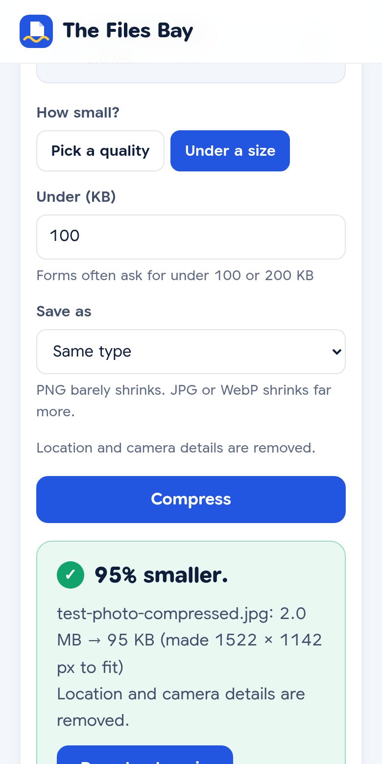 The result on a phone: 95% smaller, 2.0 MB to 95 KB, made 1522 by 1142 pixels to fit